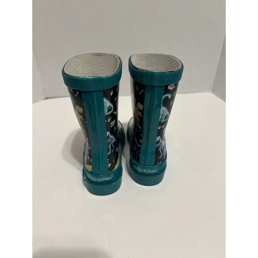 Lily & Dan Kids Dinosaur Skeleton Rain Boots Teal Black Rubber Size 9/10